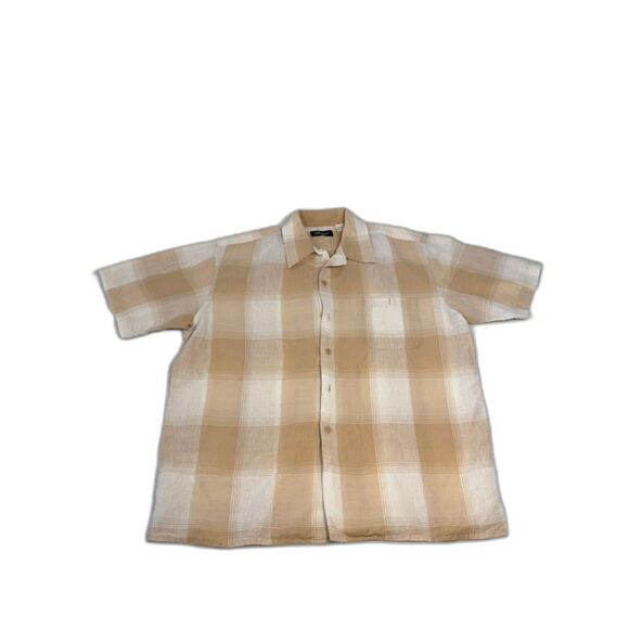 Uomo Other - 100% Linen Uomo plaid sand and beige open collar short sleeve shirt, XL